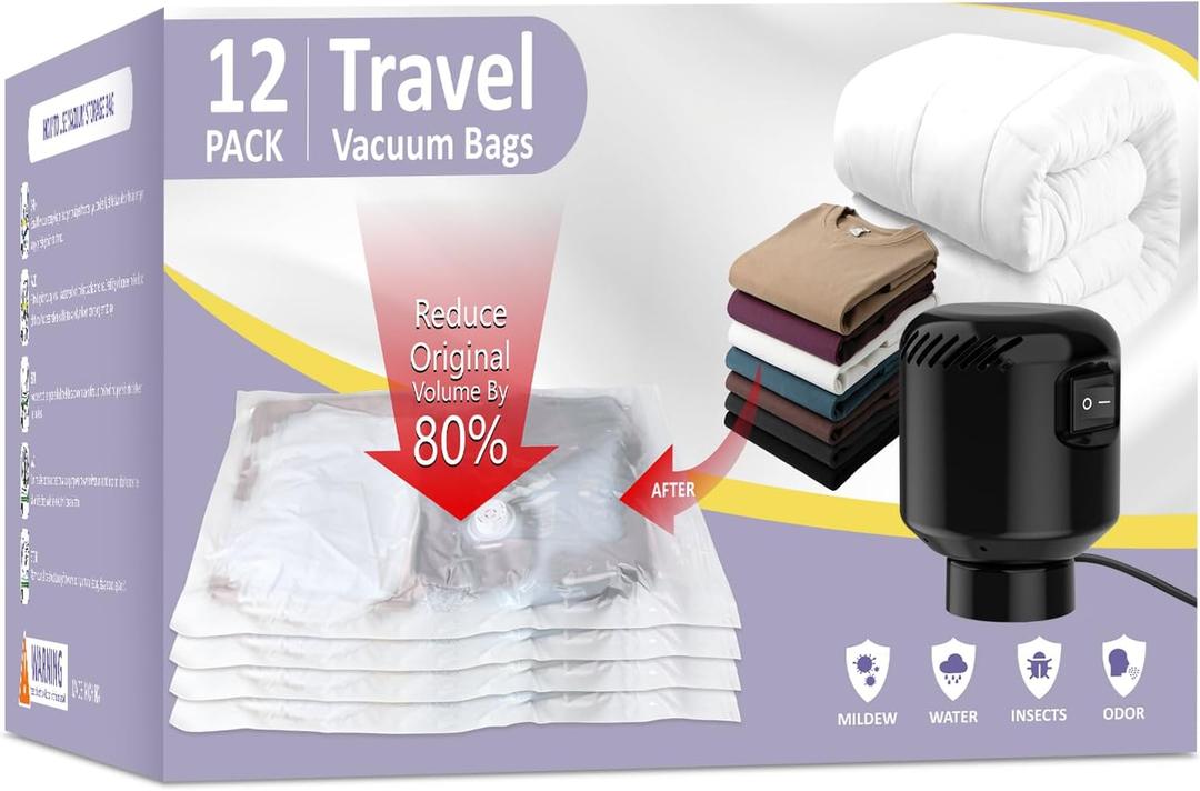 12 Pack Vacuum Storage Bags, Space Saver Bags, for Comforters and Blankets, Plush Toy, Vacuum Seal Bags for Clothing (3 Jumbo/3 Large/3 Medium/3 Small) Vacuum Bags with Pump Electric