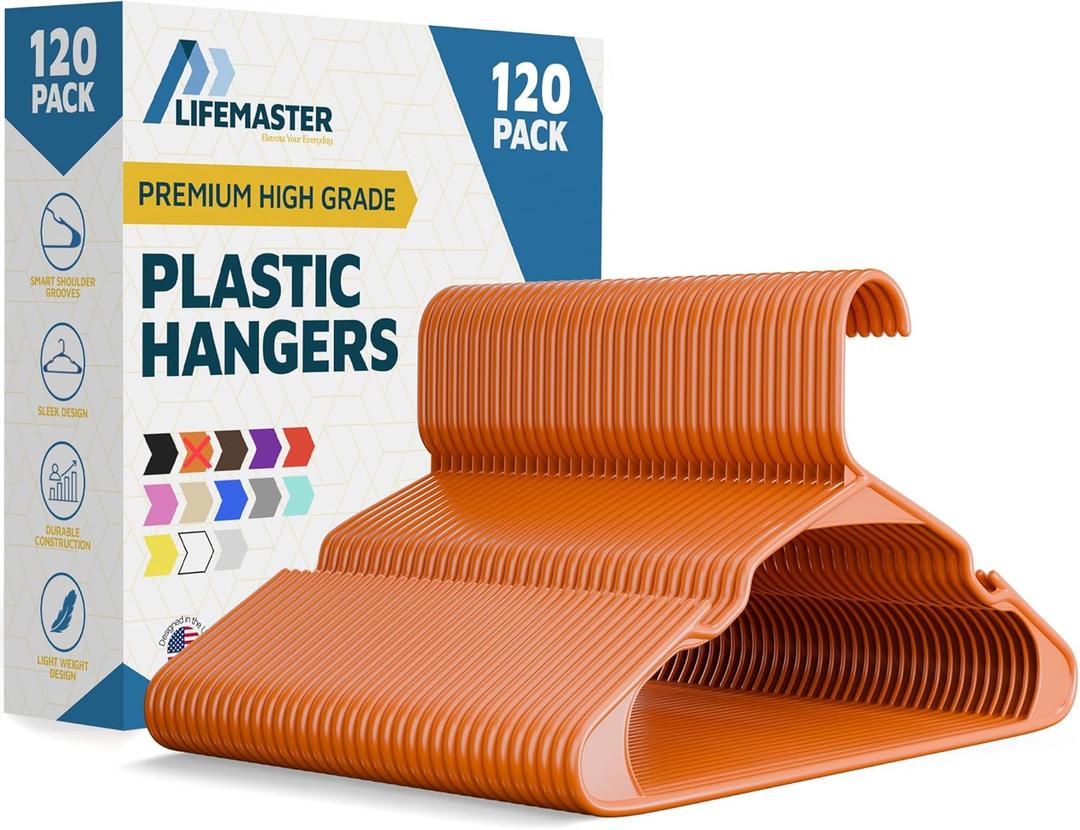 Plastic Clothes Hangers  Heavy Duty Hanger Set, for Organizing Clothes, Dresses, and Coat, Holds Up to 5 lbs, Space-Saving Hangers with Non-Slip Shoulder Grooves, Pack of 120, Brown