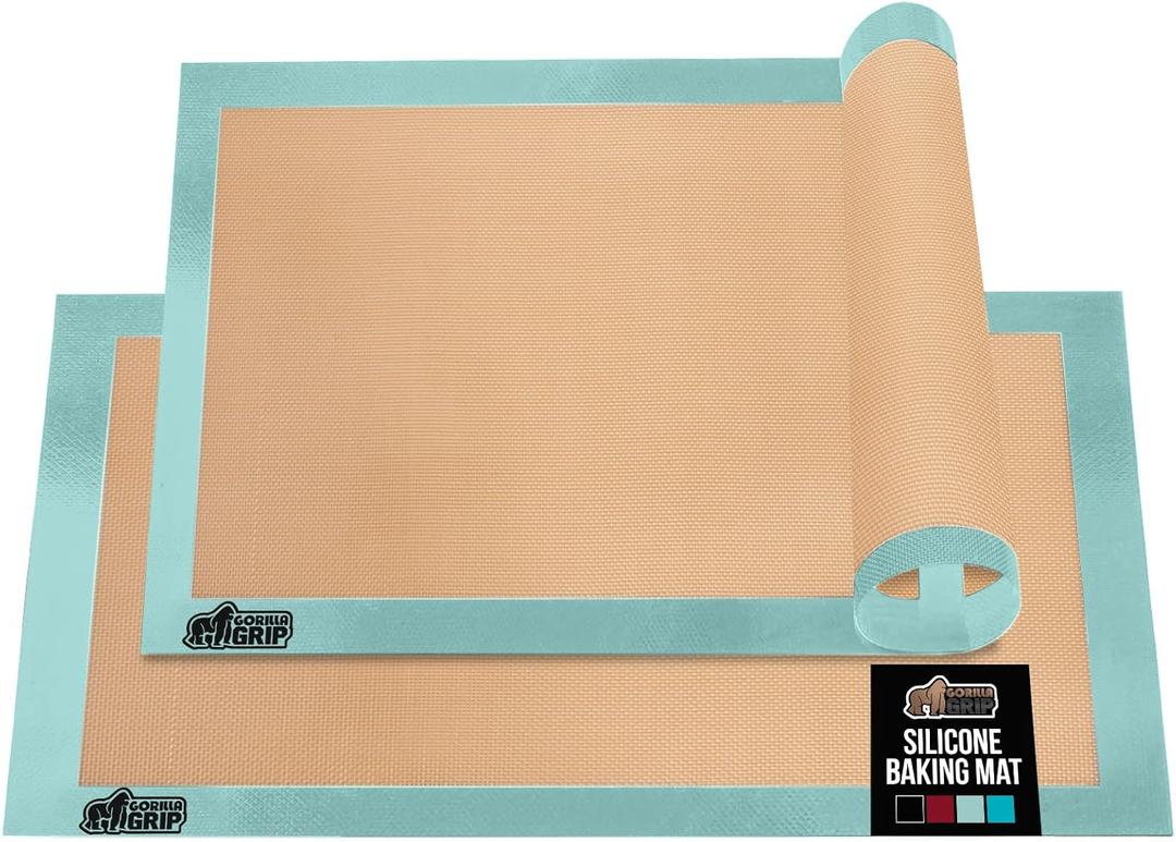 GORILLA GRIP Reusable Nonstick Silicone Baking Mat, 2-Pack, 20.5x14.62, 2/3 Sheet, BPA-Free Oven Safe Food Liner for Cookie Sheets, No Mess Easy Clean Pastry Mats, Holiday Baking Essentials, Mint