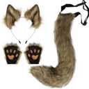 Faux Fur Wolf Ears Headband Fox Tail and Paw Gloves Set Cosplay Halloween Costume Accessories