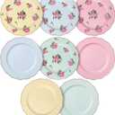 BTaT- Porcelain Floral Plates Set of 8, 8 Inch, Assorted Pastel Colors with Golden Rim, Floral Dessert Plates, Spring Dinnerware, Dishwasher & Freezer Safe, Mothers Day Gift