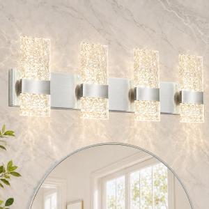 Modern Brushed Nickel 4 Lights Bathroom Vanity Light, Eleglant Nickel LED Bathroom Light Fixtures over Mirror, Dimmable Acrylic Shade Wall Lighting Fixtures, Hardwired Wall Light(H9.25in, L28.35in), 4 light-Large