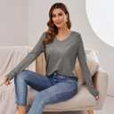 Women's V Neck Pullover Sweater Long Sleeve Soft Knit Lightweight Jumper Tops (Gray, M)