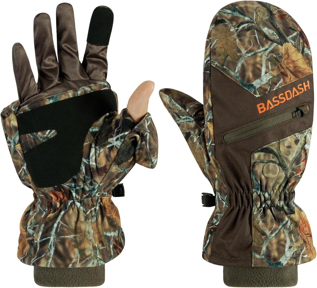 BASSDASH Mens Insulated Mittens Winter Camo Hunting Gloves Water Resistant for Cold Weather Outdoor Activities HG04M