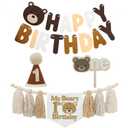 Bear 1st Theme First High Chair Banner For 1st Birthday Party Decorations With One Cake Topper (White Beige Khaki)