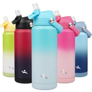 Insulated Water Bottle with Straw Lid,24 oz Stainless Steel Vacuum Metal Bottle with Silicone Handle,Sea Salt