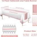 12 Pack Disposable Plastic Tablecloths and Satin Table Runner Set White and Rose Gold Dot Tablecloth Rose Gold Satin Table Runner for Wedding Birthday Baby Shower Anniversary Christmas New Year Party