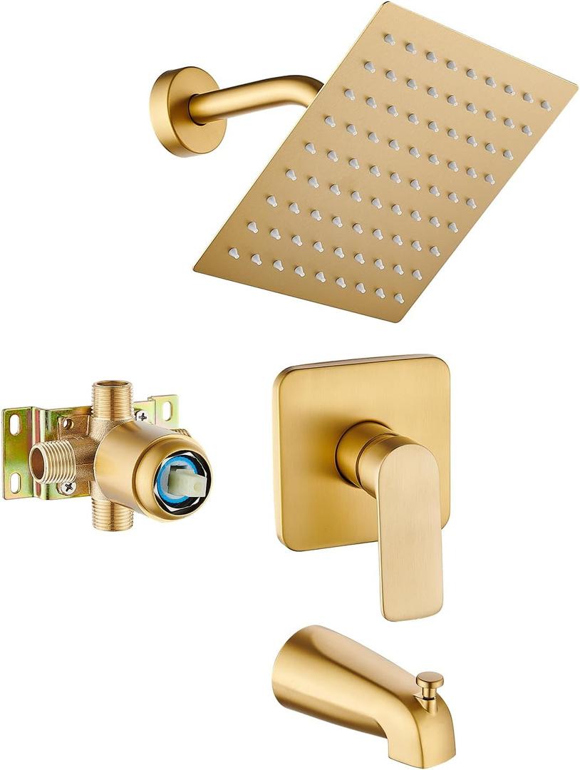 Brushed Gold Tub Shower Faucet Set Complete with 8-Inch Rainfall Shower Head and Tub Spout Included Shower Valve Tub Shower Trim Kit Matte Black