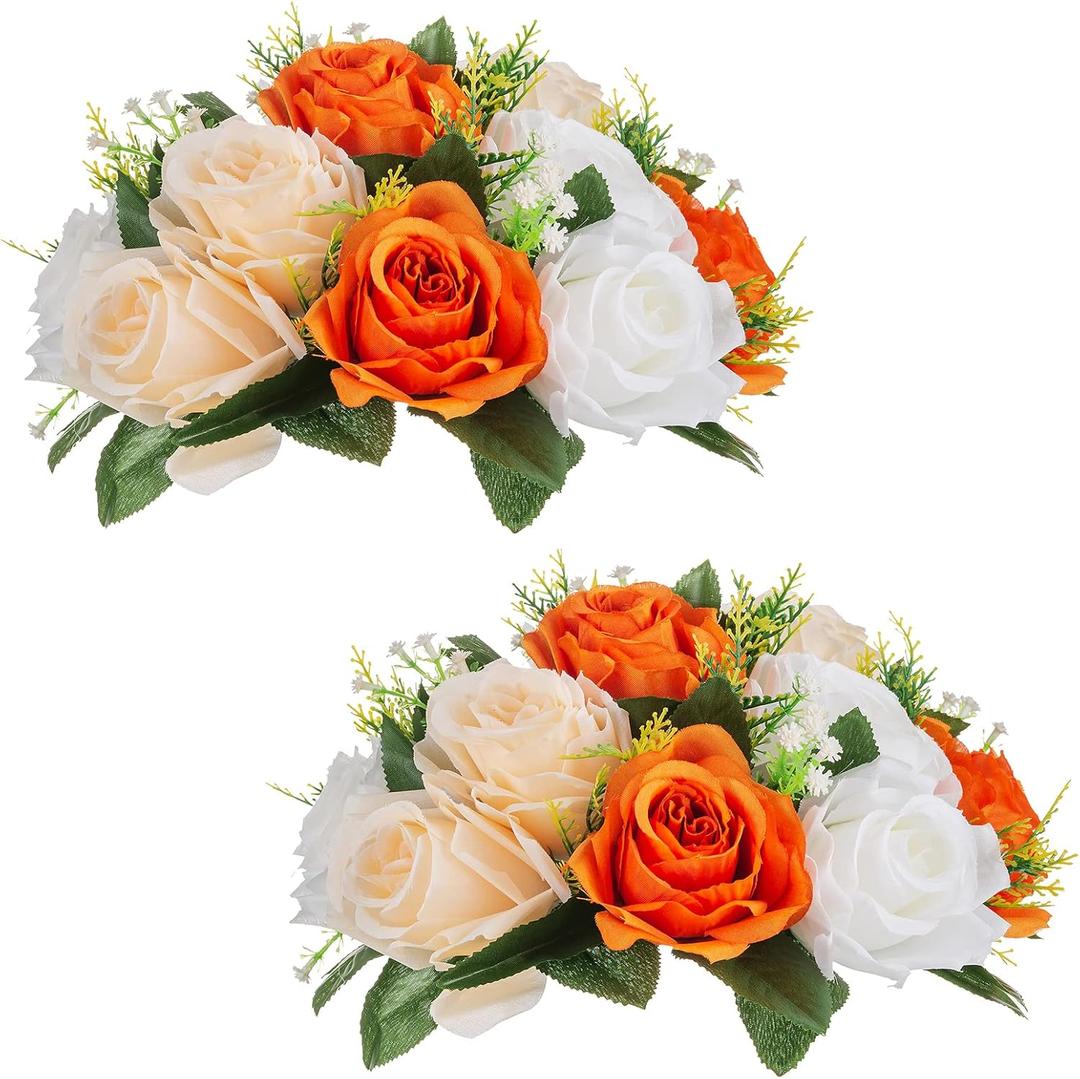 NUPTIO Flower Balls for Wedding Centerpieces: 9.5 Inch Diameter Orange Artificial Flower Ball Arrangement Bouquet Fall Party Table Decor - Fake Rose Autumn Weddings 2 Pcs