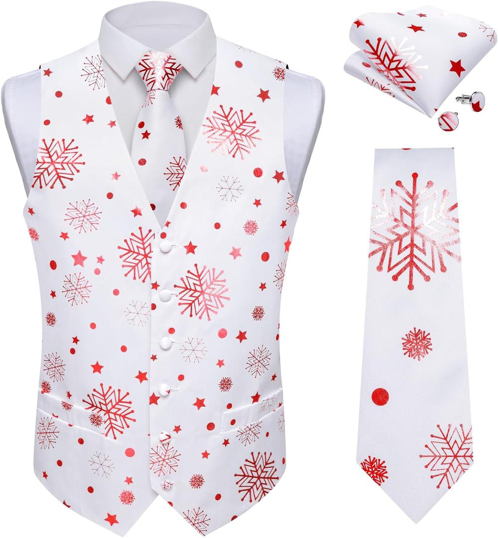 DiBanGu Mens Christmas Suit Vest and Tie Set for Men Waistcoats and Necktie Pocket Square Set for Prom Party S-3XL (Large, White Red)