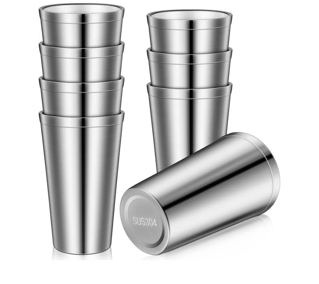 Zopeal Stainless Steel Cups 16 Oz, Double Wall Vacuum Pint Cup Tumbler, Stackable Metal Unbreakable Drinking Glasses for Home and Outdoor(Silver,8 Pcs)