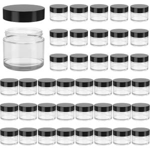 2oz Jars with Lids, HOA Kinh 40 Pack Clear Glass Jars with Lids Empty Cosmetic Containers Round Airtight Glass Jar with Black Lid for Storing Lotions Powders Ointments
