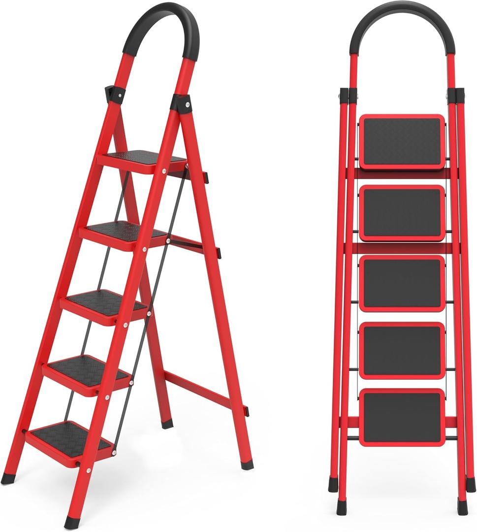 5 Step Folding Ladder, Portable and Compact, Anti-Slip Multi-Use Household Step Ladder for Home, Kitchen, Office, and Garage Easy Storage, Sturdy and Durable