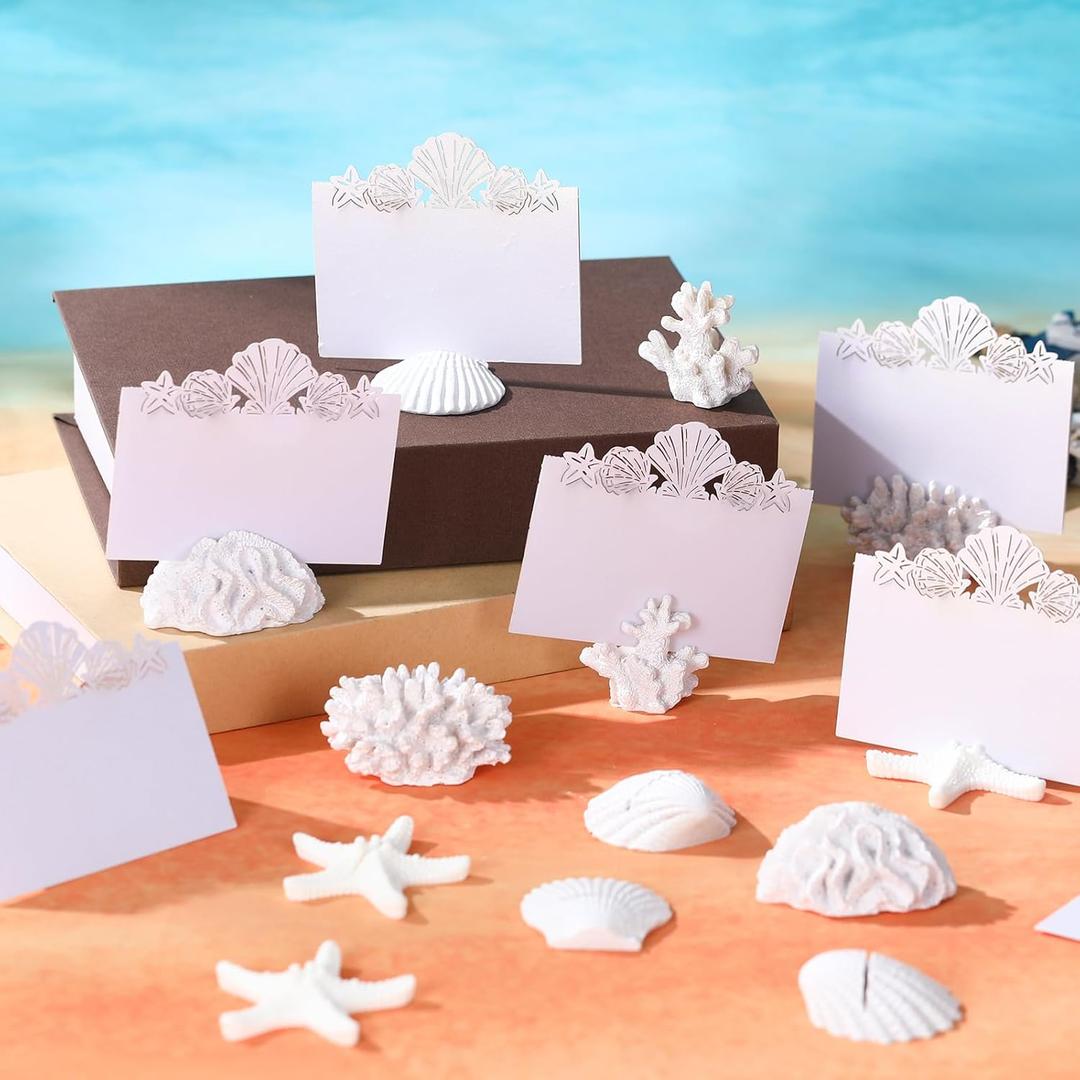 Vicenpal 60 Pack White Seashell Coral Starfish Table Place Card Holder Beach Wedding Table Name Number Place Card Holder for Wedding Coastal Under The Sea Mermaid Birthday Decor, with 30 Placecard