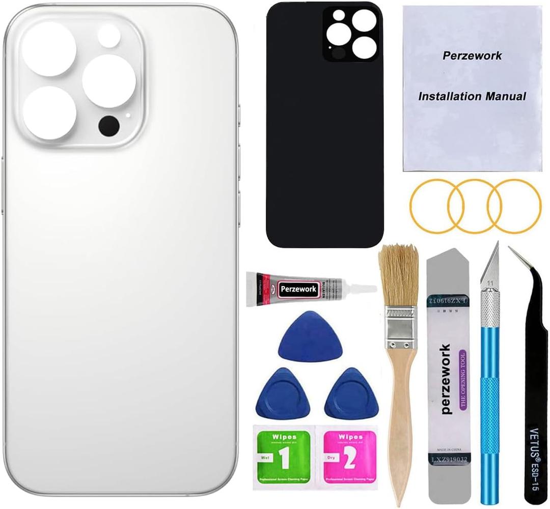 OEM Rear Back Glass Replacement for iPhone 16 Pro 6.3-inches with Reparing Tool Kit and Pre-Installed Adhesive (White Titanium)