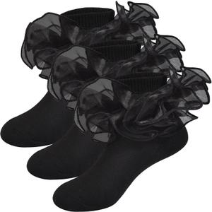 2 x Girls Ruffle Socks Frilly Double Lace Socks Cotton Turn Cuff Socks Toddler Pageant Socks for Girls 3/6 Pack