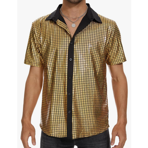 Mens Button Down Disco Shirt Outfit Men Retro 70s Shirts for Men Sequin Metallic Short Sleeve Disco Outfits Party Costume Top, S