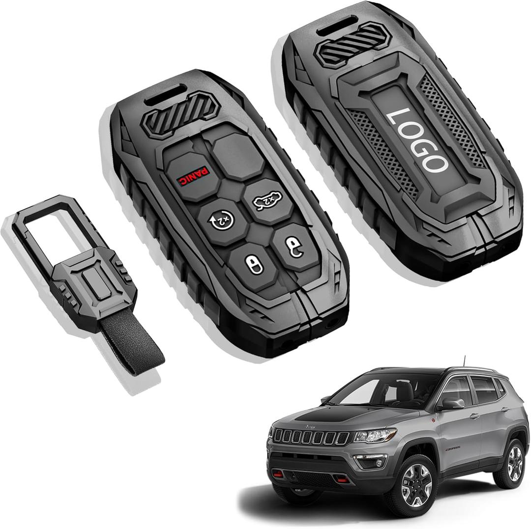 MAIKER Metal Key Fob Cover Compatible with Jeep Grand Cherokee Renegade Dodge Durango Challenger Patriot Grand Comander Journey Fiat Dart Chrysler 200 300 Ram 1500, Black