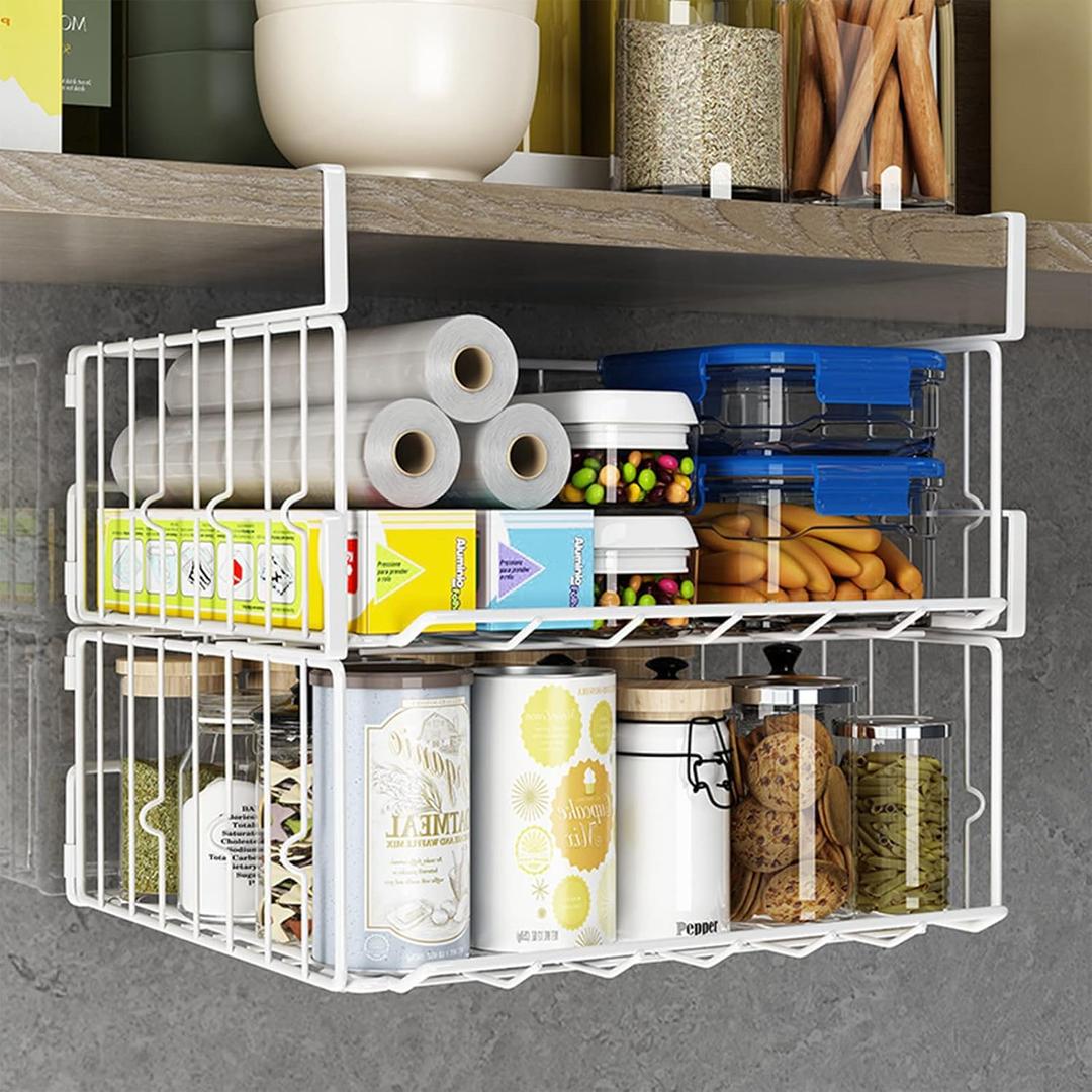 PowerKing Under Shelf Storage Baskets, Foldable Metal Wire Rack Basket, 2 Pack, White