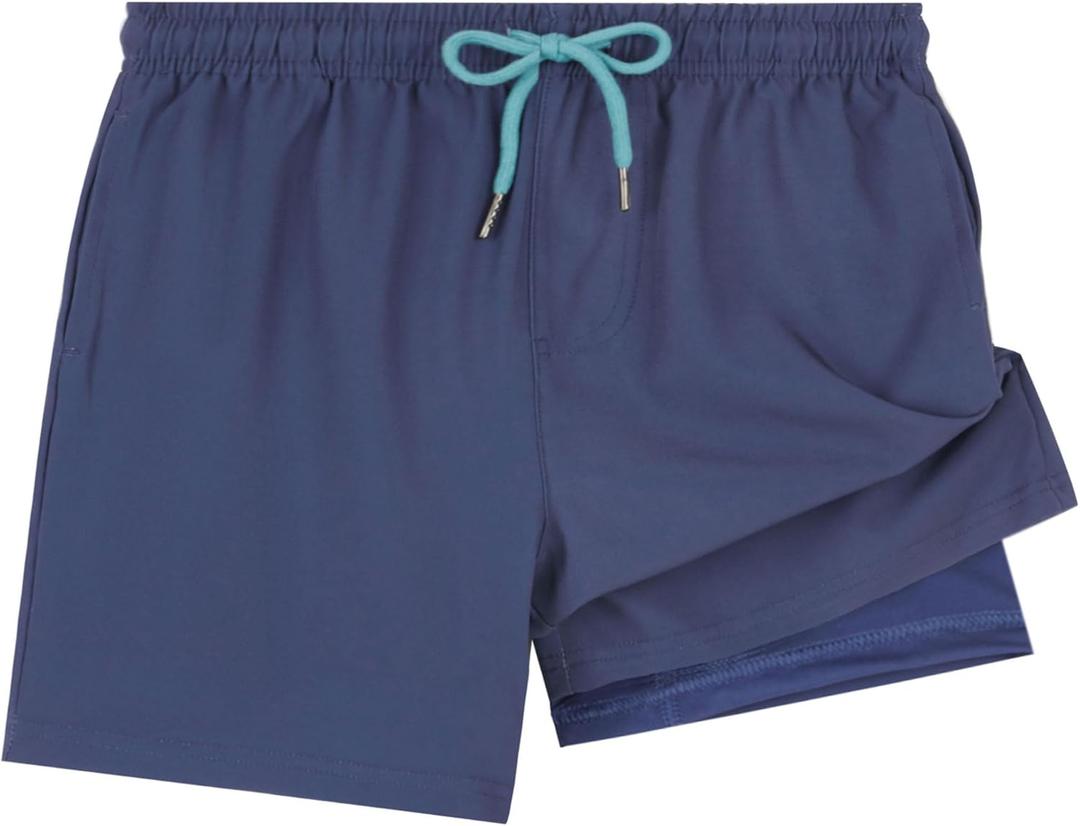 UMELOK Boys Swim Trunks with Compression Liner Toddler Swimsuit (10-12 Years, Navy Blue)