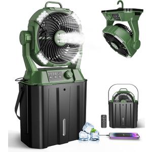 Misting Fan Portable for Outside Patios, Rechargeable Battery Operated Mist fan, Camping Mister Fan With Remote, 4 Spray Outlets, 3 Lights Modes, 4 Timers for Fishing/Golf/Garden/Party/Tent/Beach