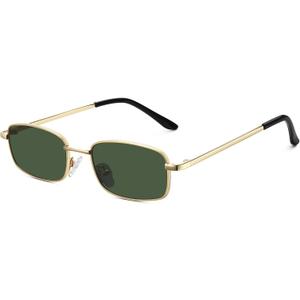 Rectangle Sunglasses for Women 90s Retro Small Narrow Square Frame UV400 Protection (Gold Frame Green Lens)