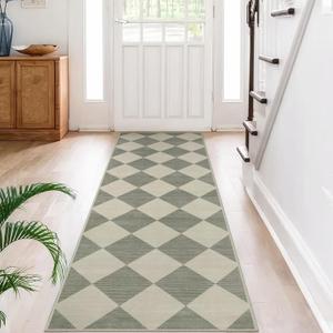 Beeiva Checkered Print Hallway Runner Rug Non Slip, Ultra Thin Washable Kitchen Runner Rug 2x6, Moroccan Neutral Green Soft Floor Carpet for Bedroom Laundry Room, Minimalist Diamond Hallway Decor