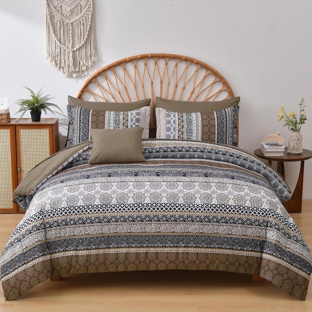 Cottolester Brown Comforter Set Queen Size,Boho Fall Bed in a Bag 8 Pieces,Paisley Soft Microfiber Bedding Comforter Set