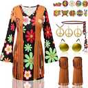60s 70s Outfits for Women Hippie Costume Set Disco Dress Peace Sign Earring Necklace Headband Sunglass, 2XL