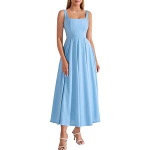 EYNMIN Wedding Guest Dresses for Women 2026 Summer Spring Square Neck Flowy A Line Elegant Midi Formal Dress (Blue, L)