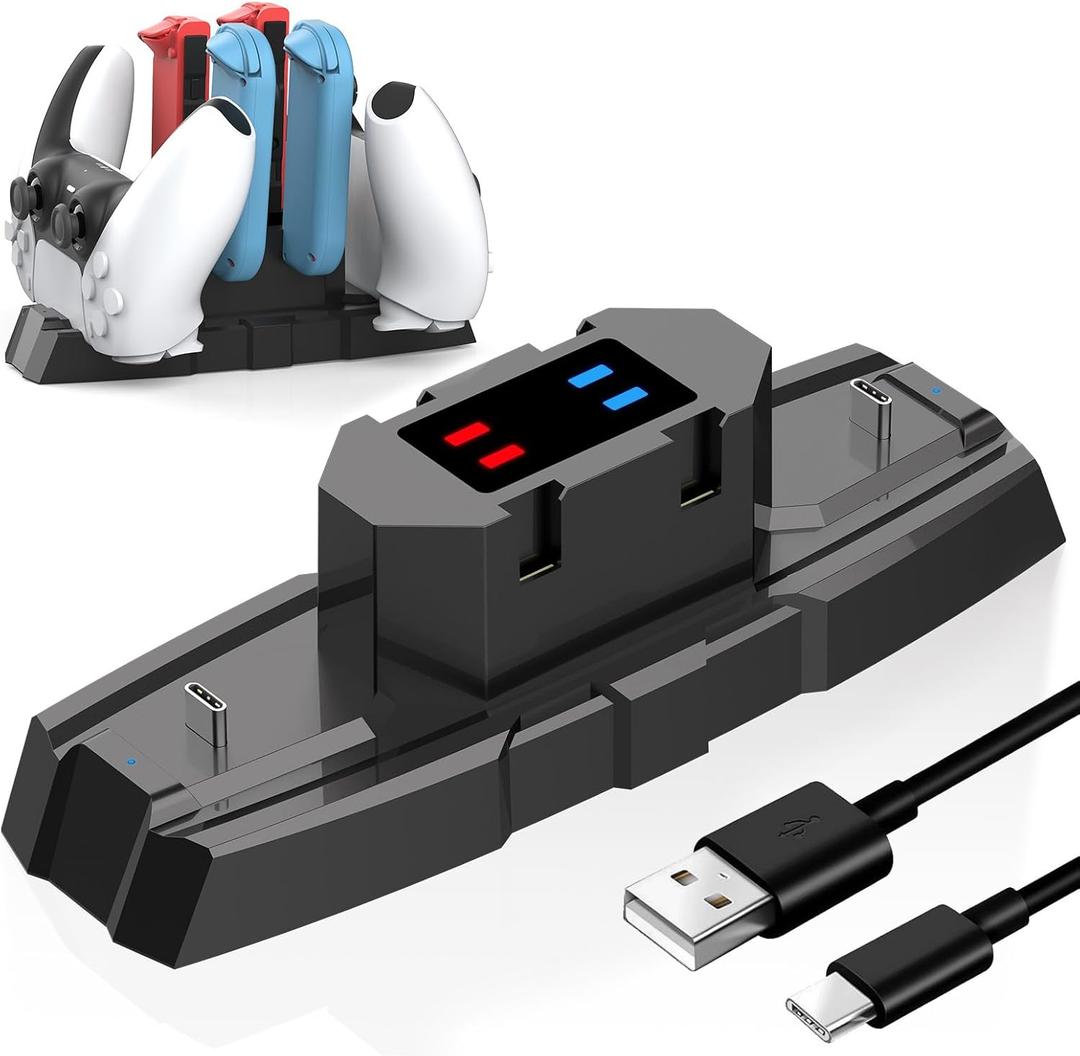Switch Controller Charger Station for Nintendo Switch & OLED, Pro Charging Dock for JoyCon/Pro/ PS5 Controller/Xbox, 6 in 1 Charging Stand Accessories for Nintendo Gamepad, Black