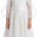 LalaMira First Communion Dress with Veil 3/4 Sleeve Flower Girl Dress Wedding Gown Floral Lace Baptism Christening Dance (10 Years, White)