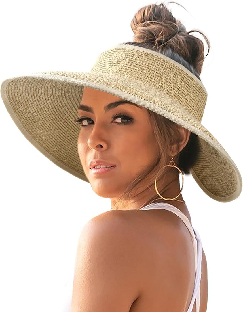 FURTALK Sun Hats for Women Wide Brim Beach Hat Straw Visor Ponytail Summer UV Packable Foldable Beach Vacation Essentials (Medium, 06-mix Beige)