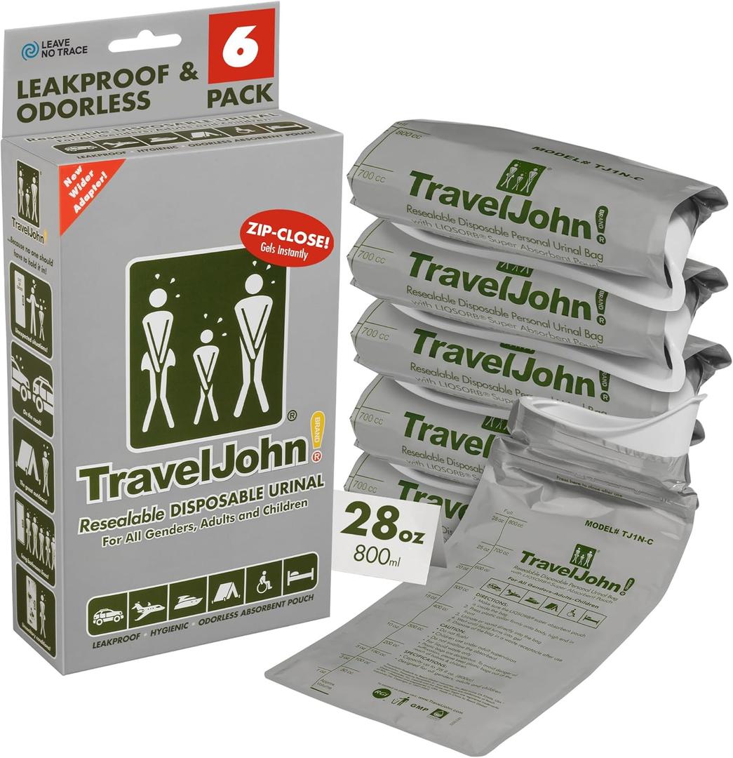 TravelJohn Resealable Disposable Urinal Bags  Road Trip Essentials for Men, Women & Kids  Odorless Leakproof Portable Urine Bags  Travel Urinal for Camping & Emergencies (TJ1N-C)