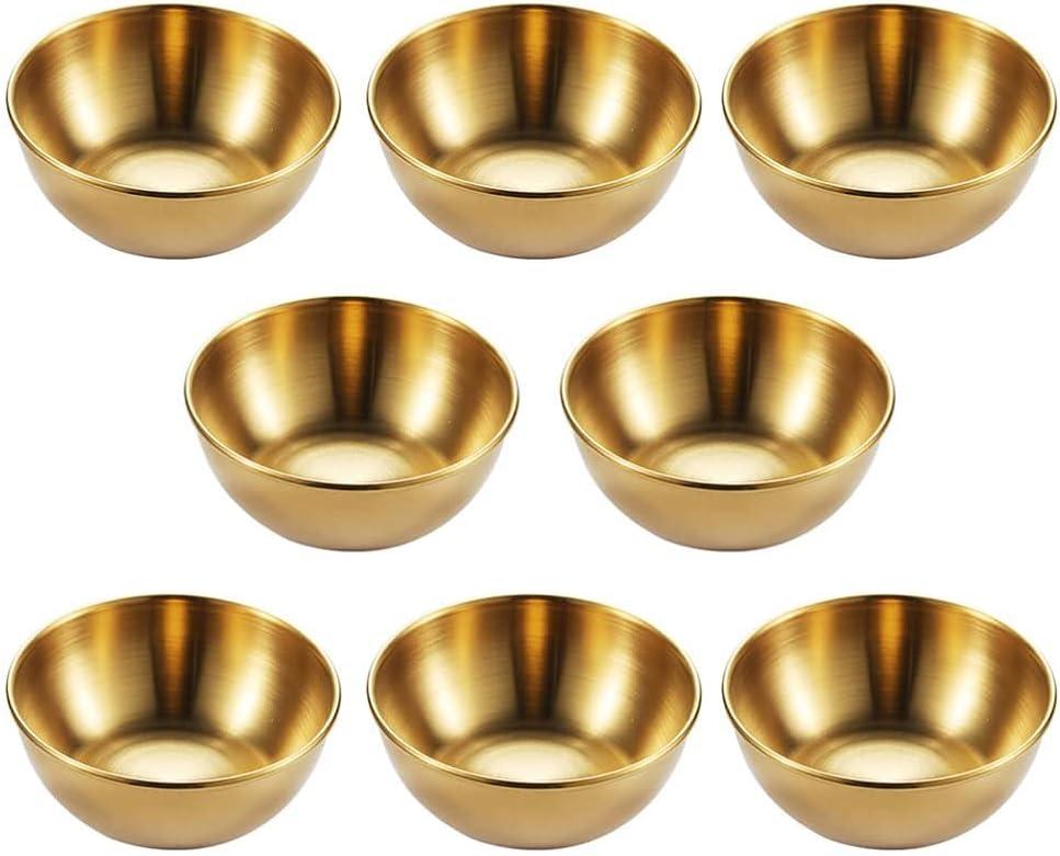 9 Pack 3.2inch Round Saucers Bowl stainless steel Sauce Cups Mini Individual Condiment Pudding Seasoning Dishes Appetizer Plates Dipping Bowl, for Sushi,Dessert,Tomato Sauce,Soy,BBQ, Golden