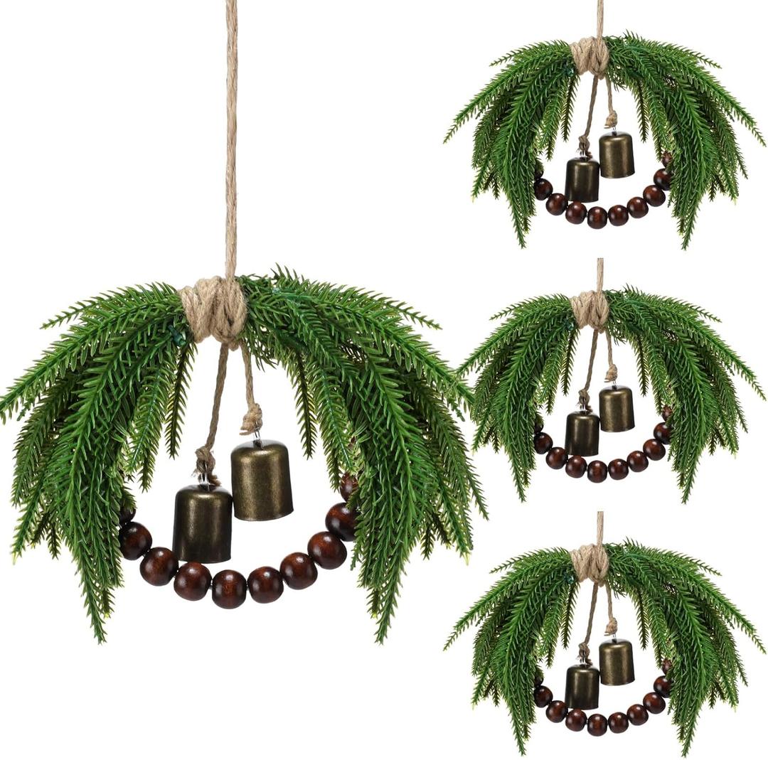 Dingion 4 Pcs Mini Christmas Wreath 8.6 Inch Small Norfolk Wreaths for Kitchen Cabinets Vintage Mini Wreath with Wood Bead Bell Rustic for Xmas Front Door Window Chair Farmhouse Decor