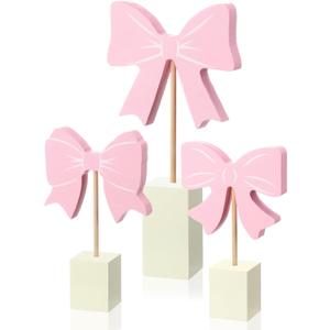Chunful 3 Pcs Pink Bow Nursery Decor Wooden Sign Cute Coquette Room Party Shelf Decor with Base Aesthetic Standing Bowknot Table Sign Centerpiece for Nurseries Bedroom Dorm Desk Tabletop Accessories