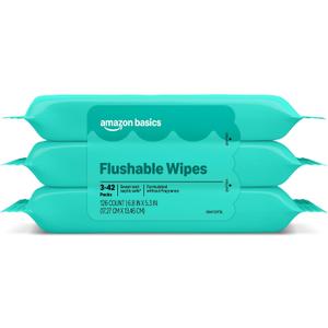 4 x Amazon Basics Flushable Wipes, Fragrance Free, Adult Wet Wipes,126 Count (3 Packs of 42), Packaging May Vary