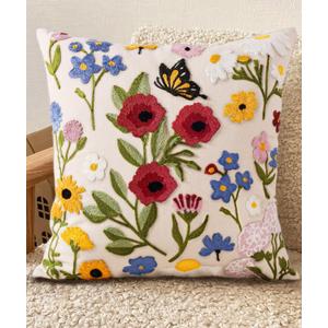 Embroidered Throw Pillow Cover 18x18 Inch - Spring Summer Boho Decorative Pillow Cover with Zipper for Living Room Couch Sofa Bed Aesthetic Design Retro Flower Cushion Pillowcase