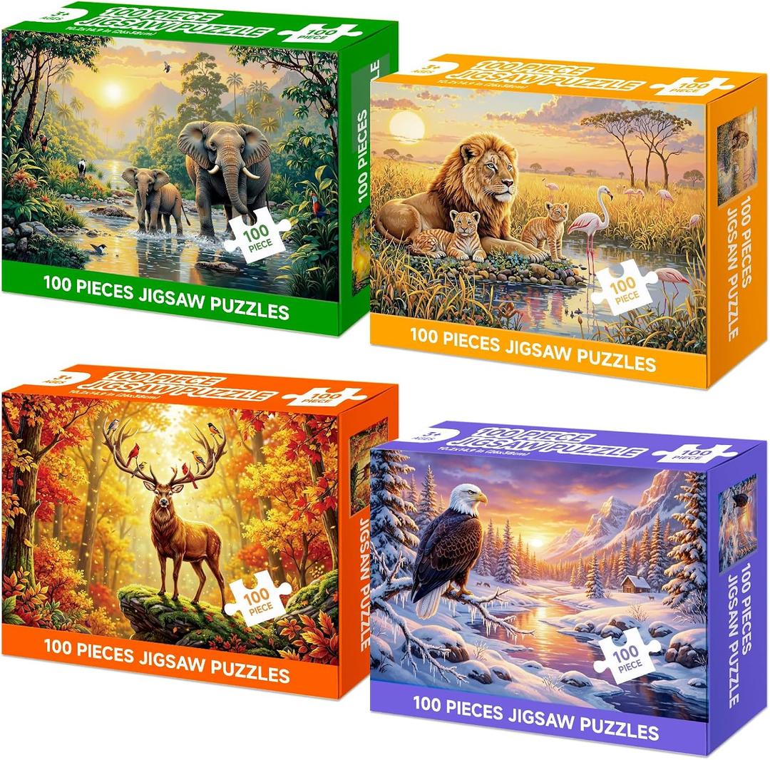4 Packs 100 Piece Puzzle, Lions Elephants Deer Eagle 100 Piece Puzzles for Adults Seniors, Wildlife Nature Large Piece Jigsaw Puzzles 100 Pieces for Seniors Adults Family Game Gifts (15x10 in)