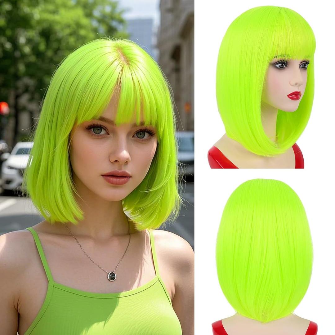NOTICEME Neon Green Bob Wig with Bangs, Short Straight Costume Neon Green Wig for Women Festival Party Cosplay Daliy Neon Wig Colorful 14 Inch