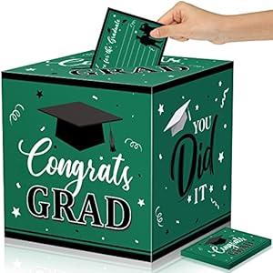 Nezyo Graduation Card Box with 30 Pcs Advice Cards Congrats Grad Gift Card Box Class of 2025 Card holder Box Graduation Party Card Box Holder for School College Graduation Party(Green, Grad)