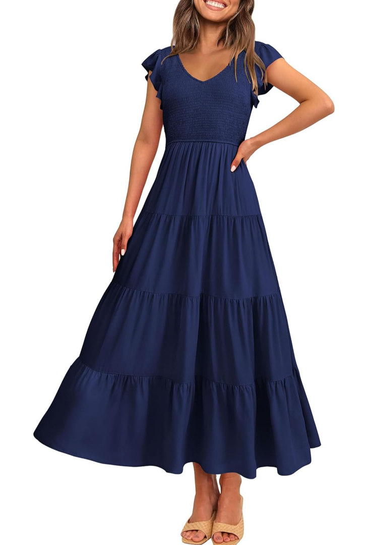 PRETTYGARDEN Women's Summer Flowy Maxi Dress Casual Cap Sleeve V Neck Smocked Beach Sundress Size L, Solid Navy