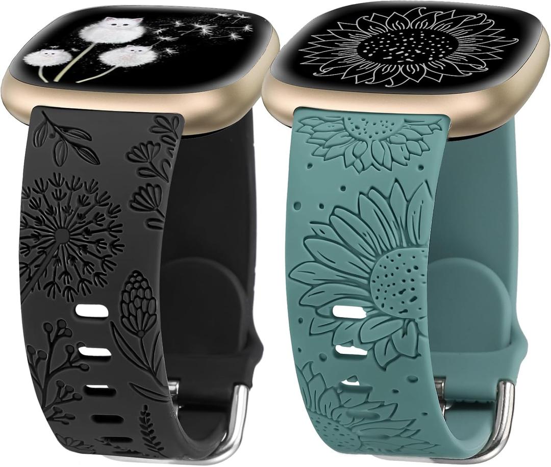 Minyee 2 Packs Floral Engraved Band Compatible with Fitbit Versa 4/Versa 3/Sense 2/Sense Band Women, Cute Silicone Dandelion Sunflower Design Soft Sport Fancy Summer Strap for Versa 4