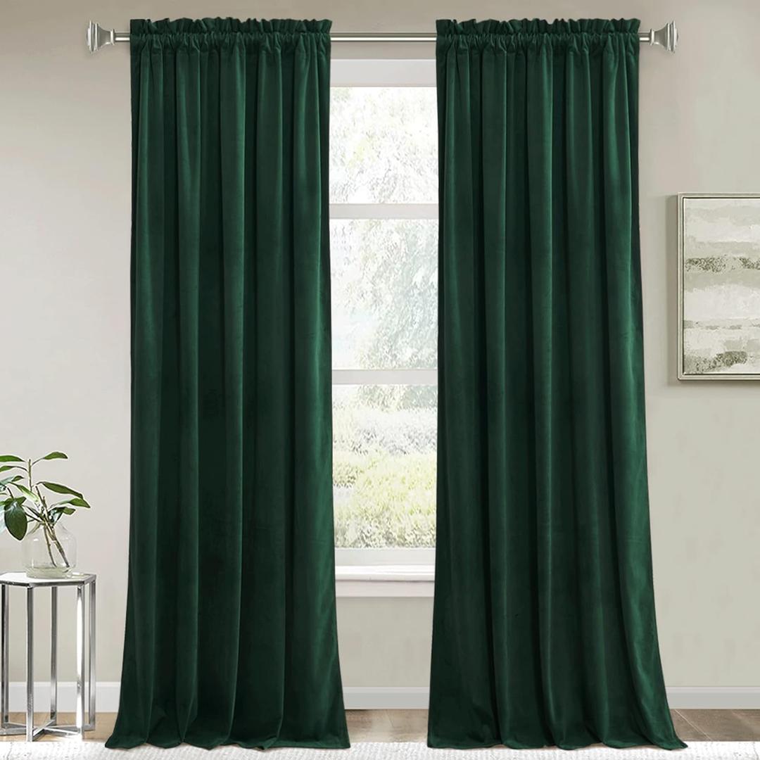 RYB HOME Velvet Curtains & Drapes 96 inches Long- Half Blackout Soft Window Curtains Thermal Insulating for Bedroom Living Room Dining Sliding Glass Door, Hunter Green, 52" Width x 96" Length, 1 Pair