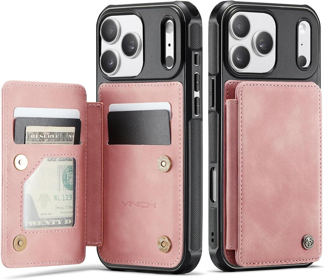 Vinich for iPhone 17 Pro Wallet Case with Card Holder, RFID Blocking Credit Slots Kickstand Shockproof Phone Cover Fit for iPhone 17 Pro 6.3" Rose Pink
