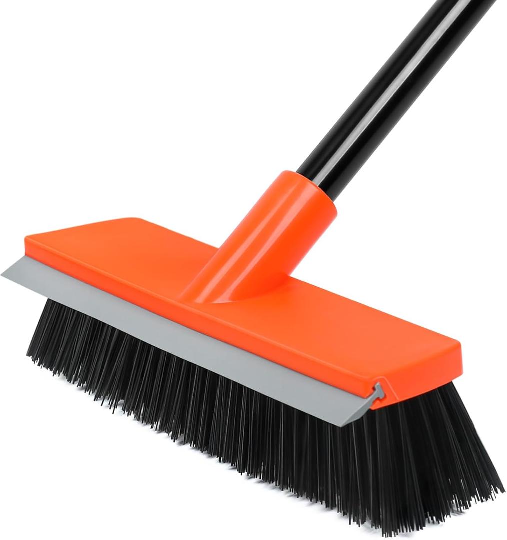 Deck Brush with Long Handle, Stiff Bristle Floor Scrub Broom, 55'' Outdoor Scrubber Remove Dirt, Leaves, Snow on Carpet, Patios, Garage, Concrete (Orange)