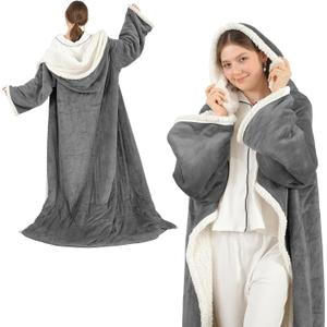 COZYTY Wearable Heated Blanket with Foot Pocket & Hood, Electric Snuggle Blankets with Sleeves, 6 Heating Levels & 1-4H Auto Shut-Off, Machine Washable, Housewarming & Gift, 50 * 70"+16", Dark Gray