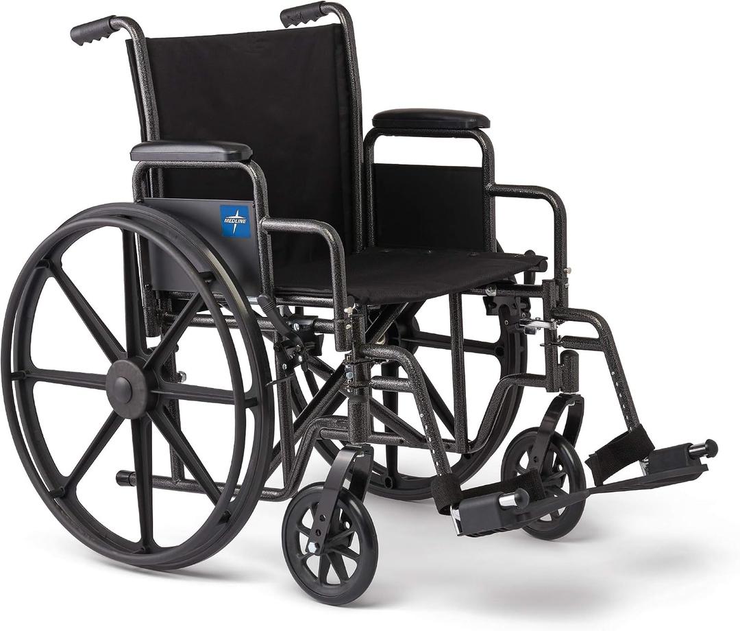 Medline Comfortable Folding Wheelchair with Swing-Back Desk-Length Arms and Swing-Away Footrests, 20W x 16D Seat