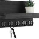 Lwenki Key Holder for Wall, Decorative Key and Mail Holder with Shelf Has Large Hooks for Bags, Coats, Umbrella  Paulownia Wood Key Hanger with Mounting Hardware (9.8W x 6.7H x 4.2D) (Black)